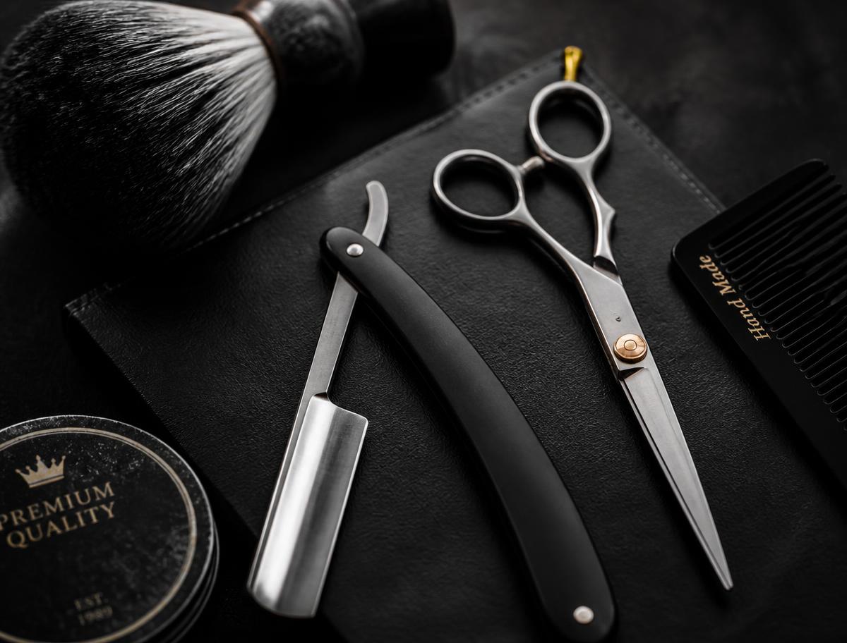 Ferramentas profissionais de barbearia sobre bancada escura